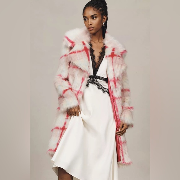 NVLT Anthropologie Tartan Plaid Faux Fur Coat - Pink and White - Picture 12 of 15